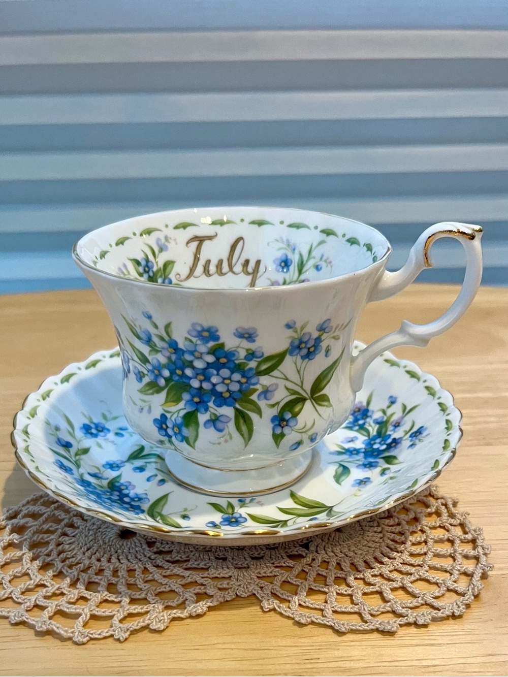 'Royal Albert July' Floral Teacup and Saucer - Blue Forget-Me-Not Pattern